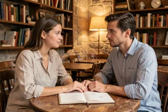 Deux flammes jumelles assises face à face dans un café, consultant un journal avec les chiffres 22 et 20 manuscrits, symbolisant la signification numérologique et la mission d'âme