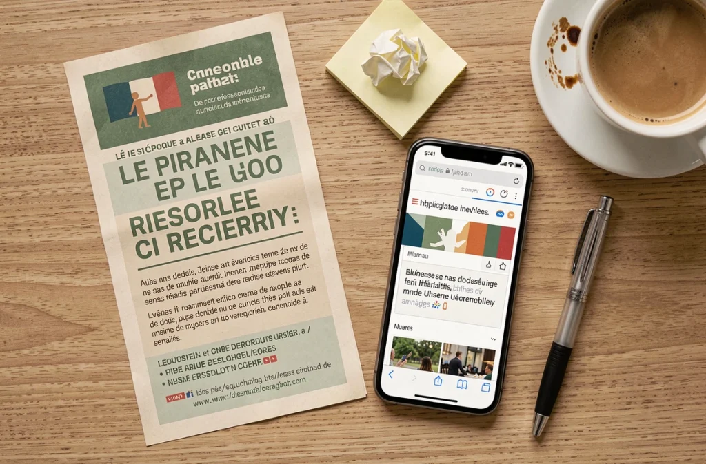 Vue de dessus d'un bureau avec un tract politique français, un smartphone affichant une URL virale humoristique et des accessoires de bureau, symbolisant le bad buzz numérique