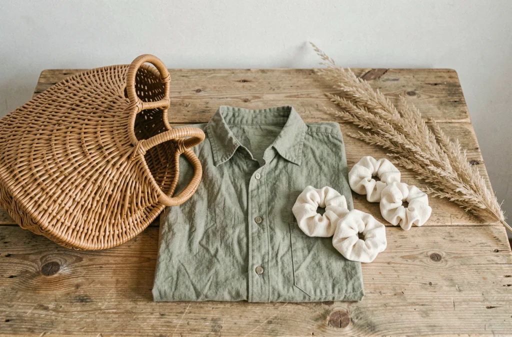 Flatlay éditorial de vêtements et accessoires en matières naturelles pour l'été : lin, coton, rotin et pampas