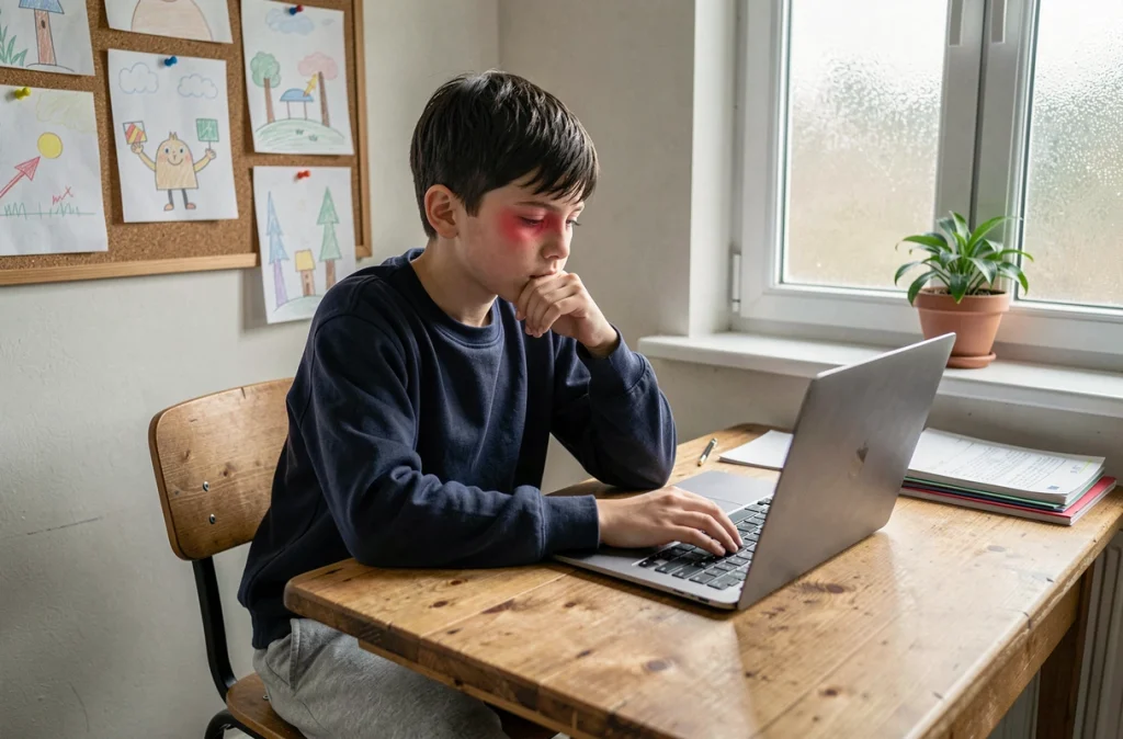 Garçon fatigué devant un ordinateur portable faisant ses devoirs, montrant les signes de fatigue oculaire liés aux écrans