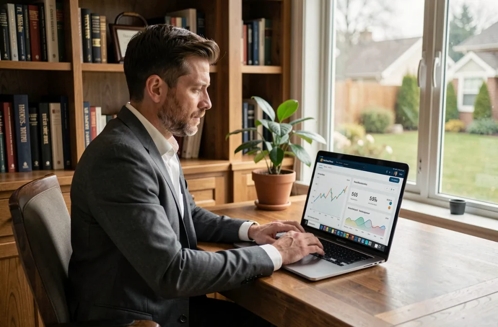 Particulier gérant son patrimoine financier en ligne depuis un bureau à domicile avec une plateforme numérique sur ordinateur portable