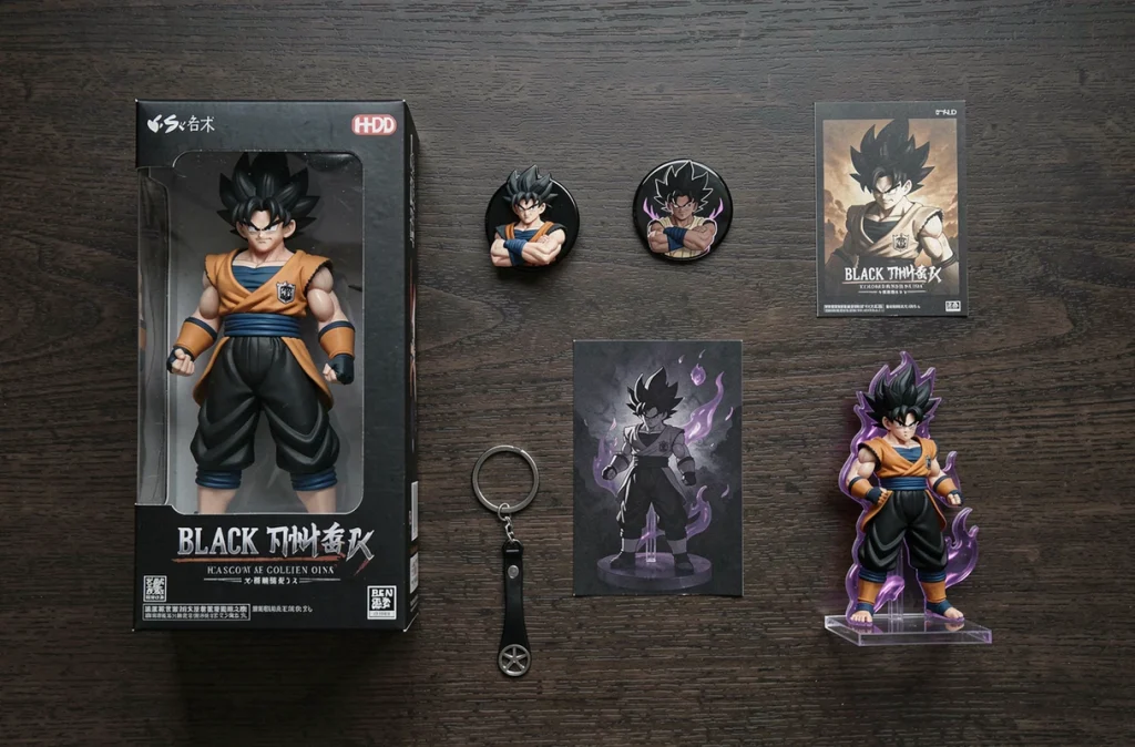 Flat-lay de goodies et produits dérivés Black Goku incluant figurine boîtée, pin et carte artistique sur surface en bois sombre