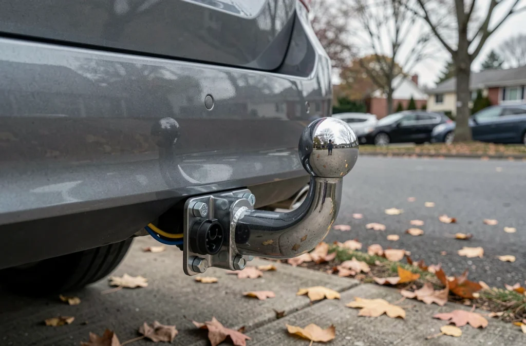 Gros plan sur un attelage de voiture avec rotule chromée et prise électrique installés sur un berline grise