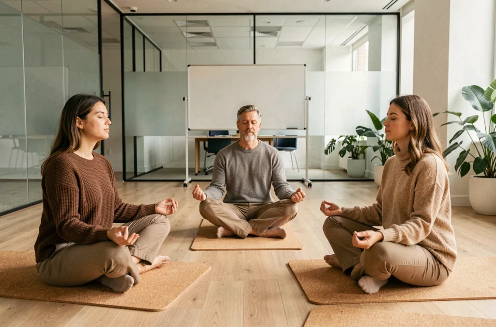 Groupe de trois collègues en tenue professionnelle méditant ensemble sur des tapis en liège dans une salle de réunion vitrée en entreprise