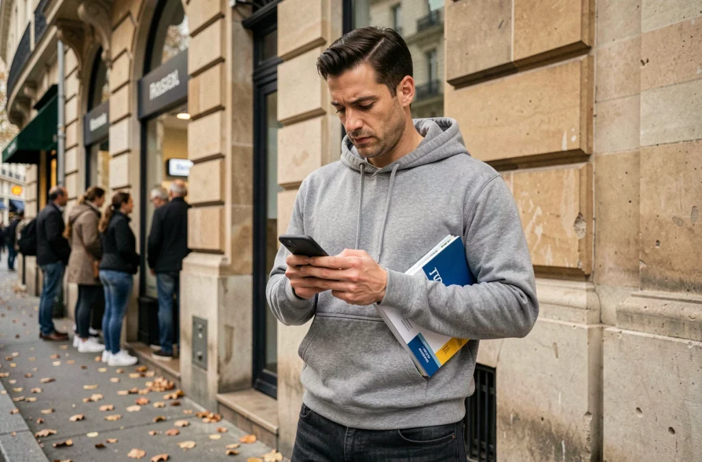 Homme devant une agence bancaire parisienne consultant son téléphone avec un livret d'épargne sous le bras, symbolisant le recours à l'épargne de précaution en période d'incertitude