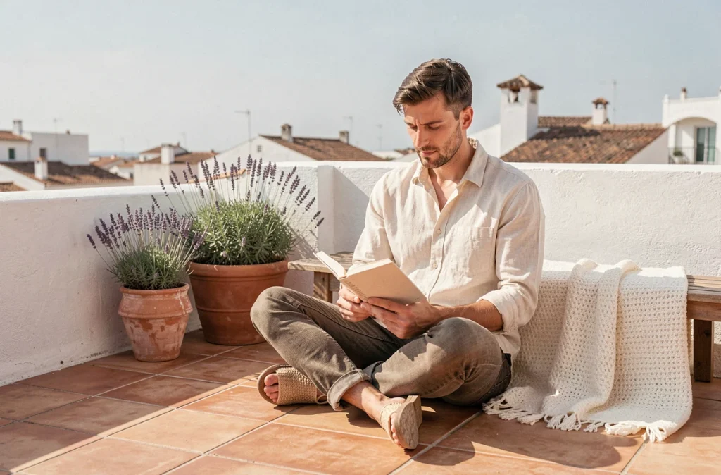 Homme en chemise en coton naturel non blanchi sur une terrasse méditerranéenne avec accessoires en jute et lin