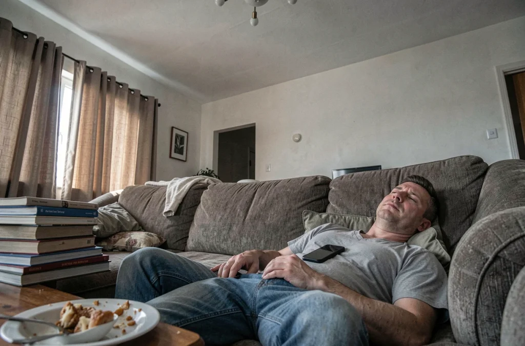 Homme épuisé allongé sur un canapé en pleine journée, illustrant les symptômes de la dépression saisonnière