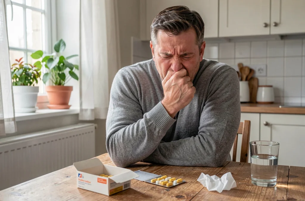 Homme en train d'éternuer à la cuisine avec des médicaments antihistaminiques sur la table