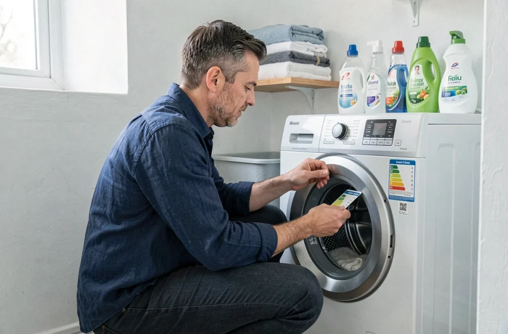 Homme lisant l'étiquette énergétique d'un lave-linge pour faire des économies d'électricité