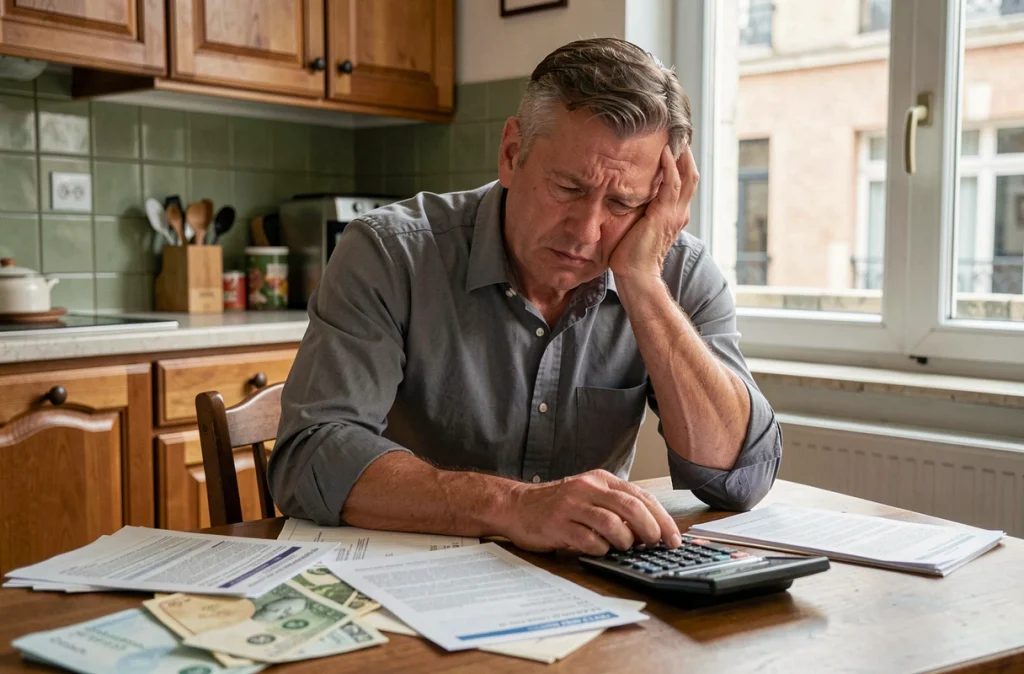 Un homme stressé consulte ses factures et relevés bancaires à la table de cuisine, symbolisant la pression financière causée par l'inflation
