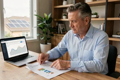Un homme de 40 ans analyse des documents d'investissement dans les énergies renouvelables dans son bureau à domicile, avec des panneaux solaires visibles en arrière-plan
