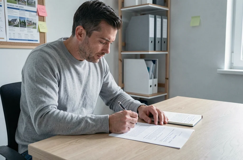 Homme lisant attentivement un contrat immobilier à son bureau avec des notes manuscrites et des annonces affichées au mur