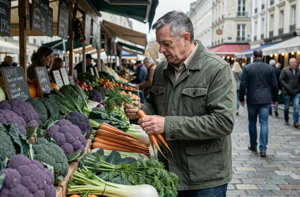Homme faisant ses courses de légumes frais sur un marché fermier français en plein air