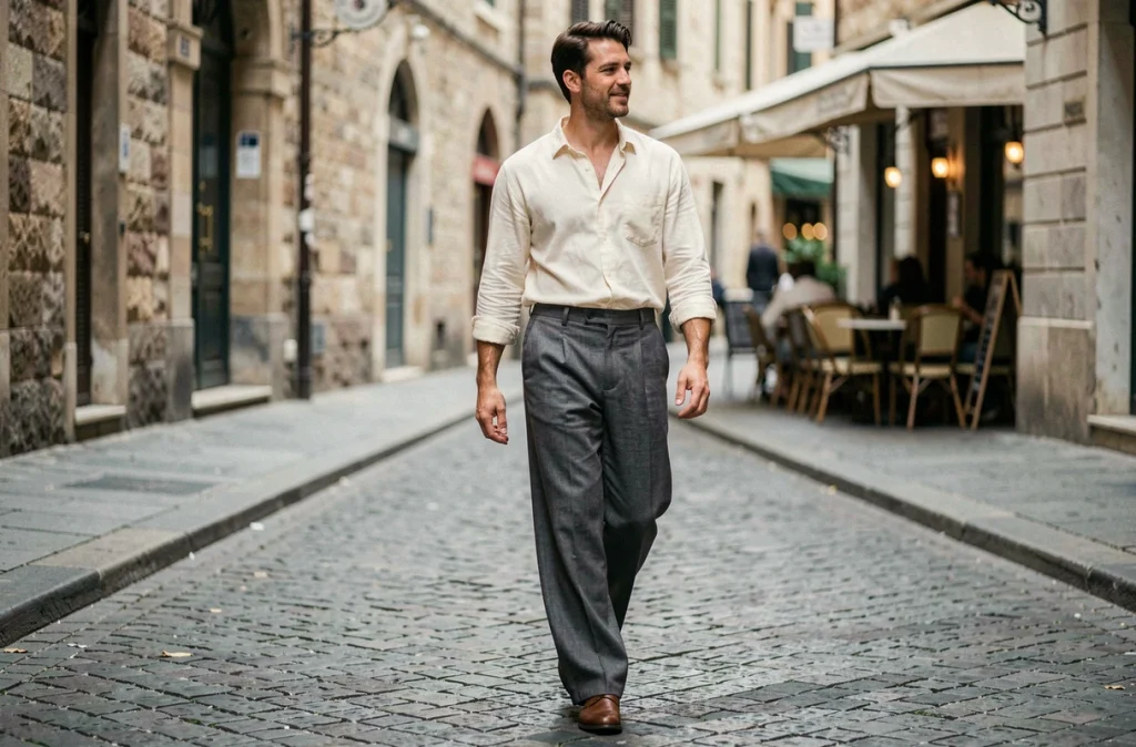 Homme en pantalon large lin gris anthracite marchant dans une rue pavée européenne