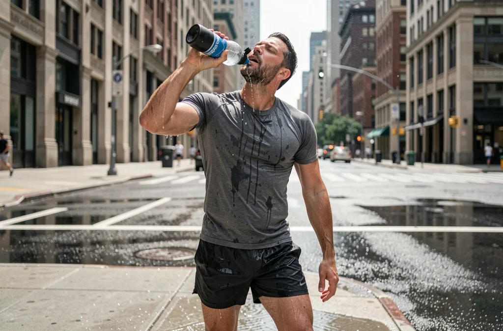 Homme se rafraîchissant avec de l'eau après une course à pied en ville sous forte chaleur