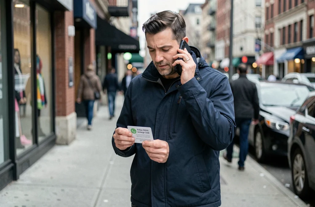 Homme en ville composant le numéro 3535 Lycamobile pour recharger son forfait 30 euros avec un code imprimé