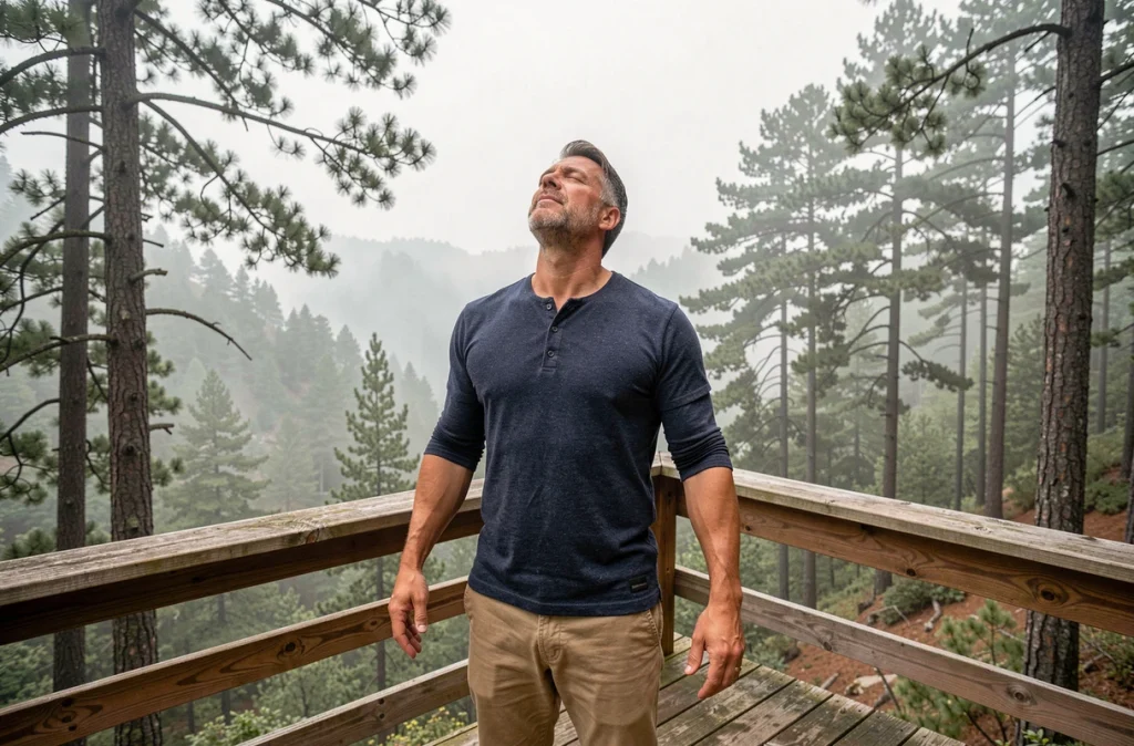 Homme pratiquant la respiration profonde sur une terrasse en bois face à une forêt de pins enveloppée de brume matinale