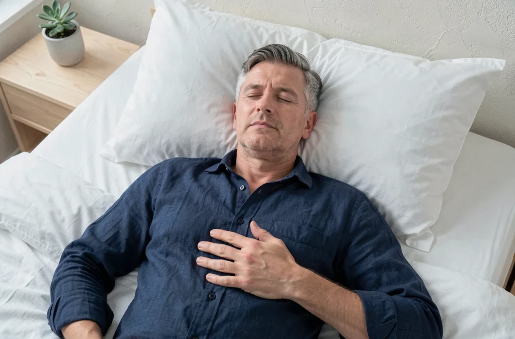Homme adulte en sommeil profond et réparateur dans une chambre minimaliste scandinave