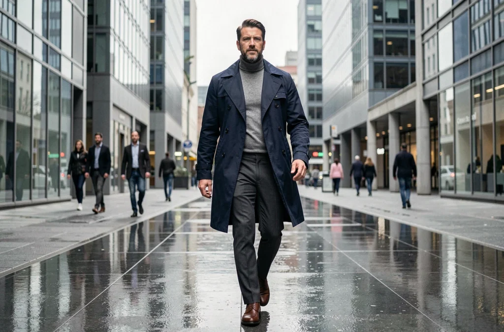 Homme en trench long marine marchant dans un quartier d'affaires moderne au printemps