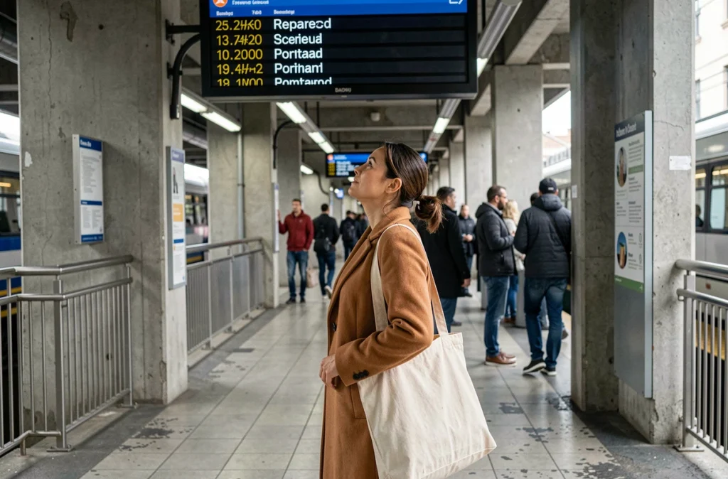Femme lisant les horaires officiels de la ligne 235 sur un panneau d'affichage dans une gare routière