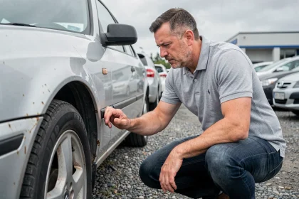 Homme inspectant la carrosserie d'une voiture d'occasion dans un parc automobile, vérifiant la rouille et les défauts de peinture avant achat