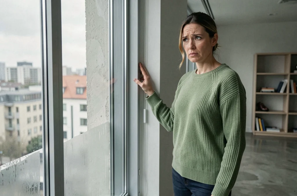 Femme inspectant l'isolation d'une fenêtre à double vitrage dans un appartement moderne pour détecter des ponts thermiques