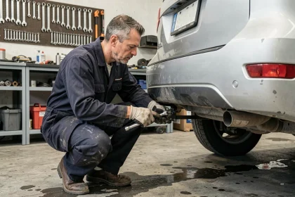 Mécanicien installant un attelage de remorquage sous un SUV dans un garage automobile professionnel