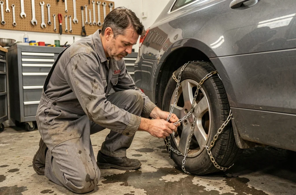 Mécanicien installant des chaînes à neige sur une voiture dans un garage automobile professionnel