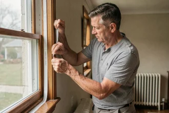 Homme posant un joint d'étanchéité en mousse autour d'une fenêtre en bois pour améliorer l'isolation thermique d'un logement