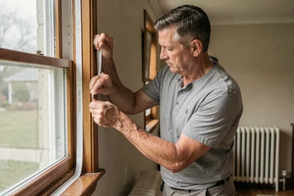 Homme posant un joint d'étanchéité en mousse autour d'une fenêtre en bois pour améliorer l'isolation thermique d'un logement