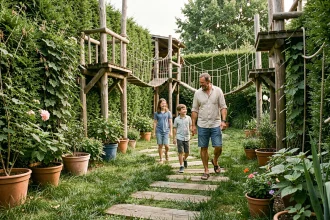 Famille explorant un sentier d'aventure en bois dans un jardin verdoyant avec des structures en bois et des plantes grimpantes