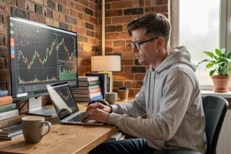 Jeune homme de vingt-cinq ans analysant des graphiques de cryptomonnaies sur plusieurs écrans dans un appartement moderne