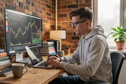 Jeune homme de vingt-cinq ans analysant des graphiques de cryptomonnaies sur plusieurs écrans dans un appartement moderne