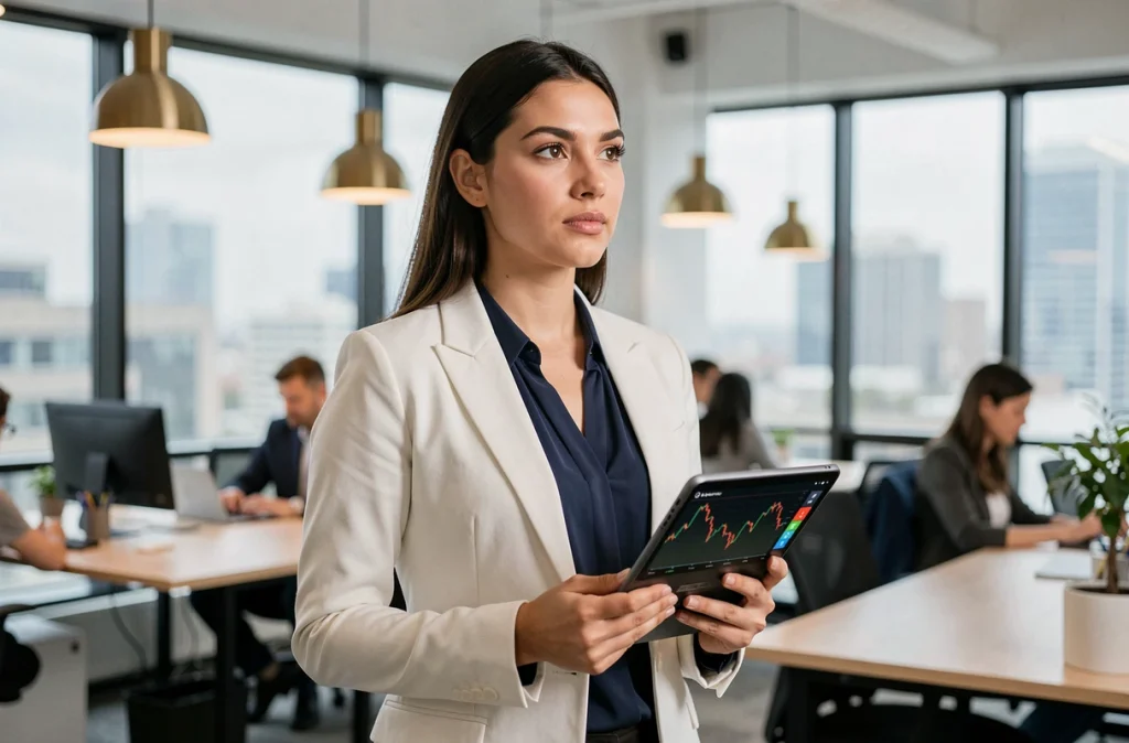 Jeune femme professionnelle consultant un graphique de cryptomonnaie sur une tablette dans un espace de coworking