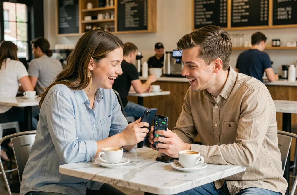 Deux jeunes adultes discutant d'investissements en cryptomonnaies autour d'un smartphone dans un café moderne