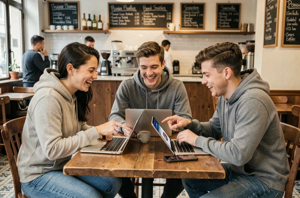 Groupe de jeunes adultes hilares dans un café parisien regardant un contenu viral sur smartphone lié à un bad buzz politique