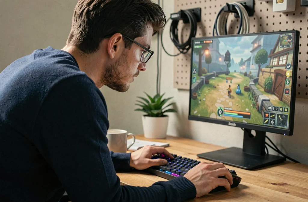 Homme adulte concentré devant un écran de PC affichant l'interface de jeu Split Fiction avec minuterie et progression visible
