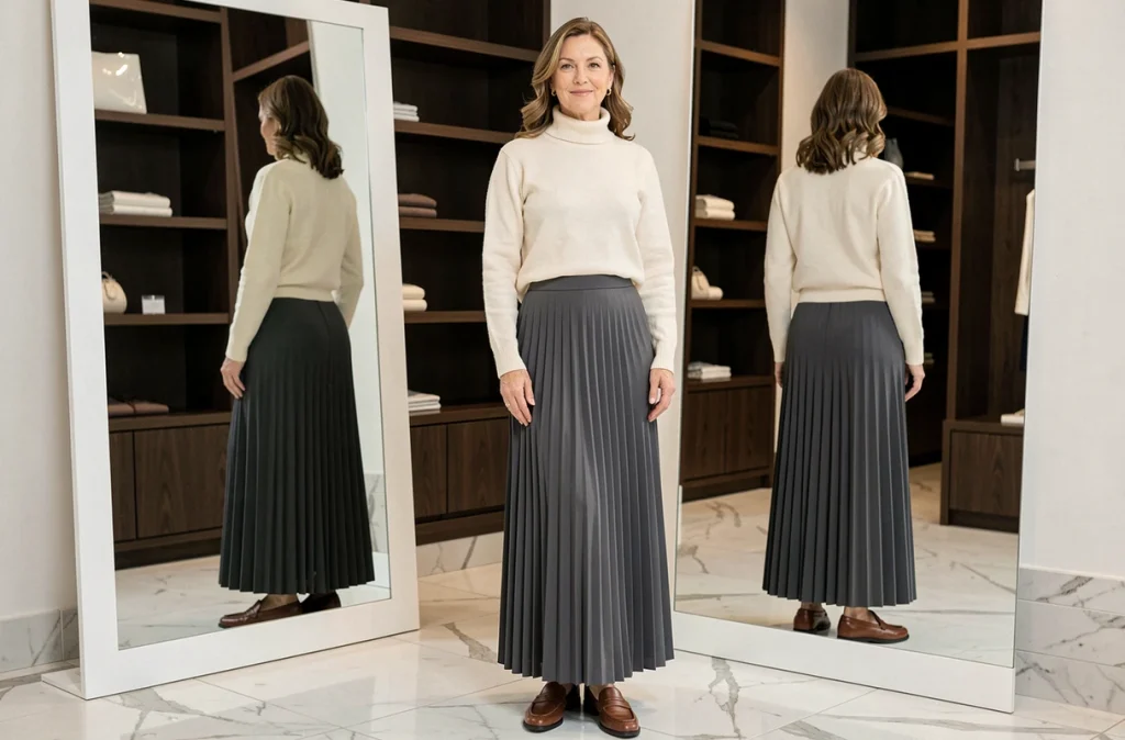 Femme élégante en jupe plissée longue grise dans une boutique de mode minimaliste avec miroir