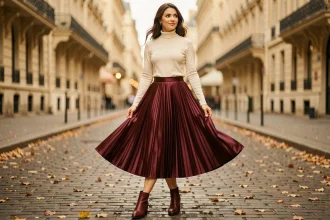 Femme portant une jupe plissée midi bordeaux en satin dans une rue pavée parisienne en automne