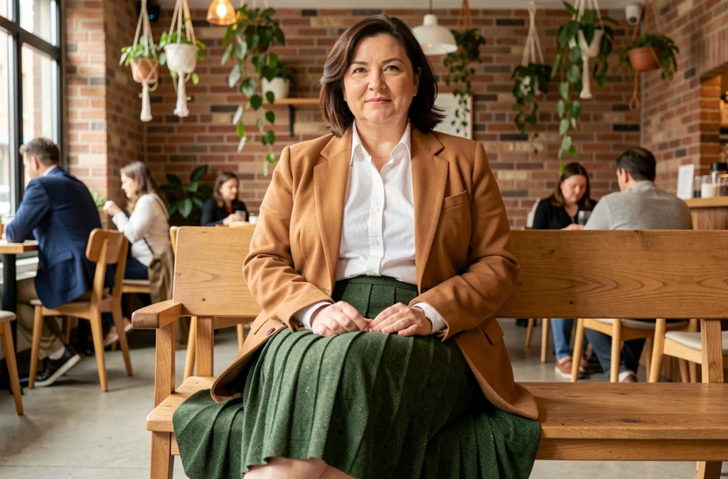 Femme aux courbes généreuses en jupe plissée verte et blazer camel dans un café scandinave