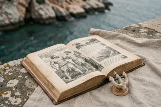 Livre de mythologie grecque ouvert sur Poséidon posé sur une pierre près de la mer Méditerranée