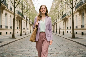 Femme portant un look pastel complet avec blazer lavande et pantalon rose poudré dans une rue parisienne au printemps