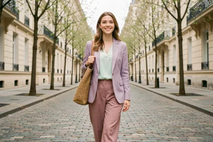 Femme portant un look pastel complet avec blazer lavande et pantalon rose poudré dans une rue parisienne au printemps