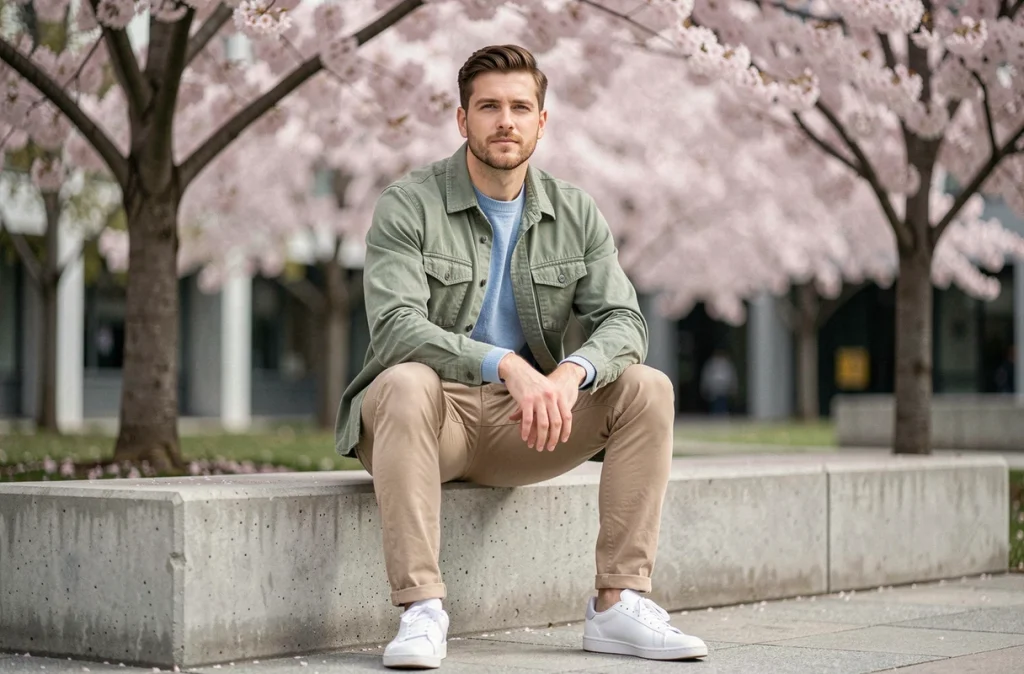 Homme en tenue pastel avec chemise verte sauge et pull bleu poudré assis dans un parc urbain fleuri