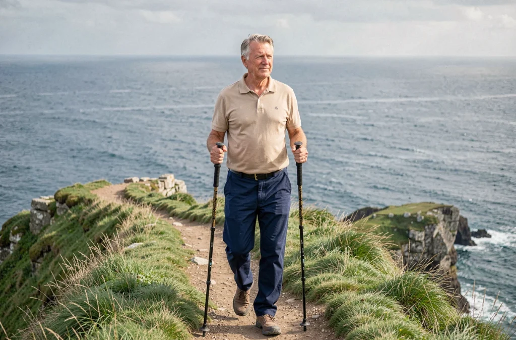 Homme senior marchant avec des bâtons de randonnée sur un sentier côtier au bord de la falaise, symbolisant l'effort cardiovasculaire et les bénéfices de la marche régulière en plein air