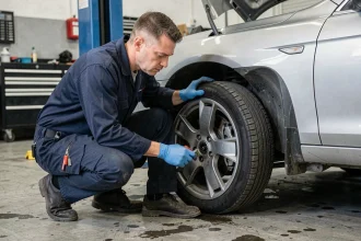 Mécanicien professionnel inspectant le frein et le pneu d'une voiture lors d'un contrôle technique en garage automobile