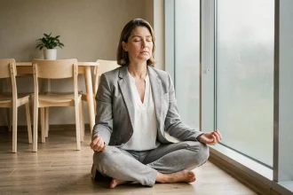 Femme d'une quarantaine d'années méditant en tailleur sur le sol d'un bureau minimaliste moderne, expression sereine, blazer en lin gris