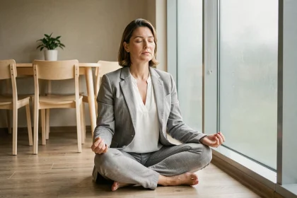 Femme d'une quarantaine d'années méditant en tailleur sur le sol d'un bureau minimaliste moderne, expression sereine, blazer en lin gris
