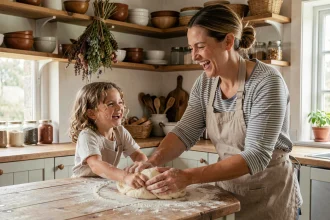 Mère et fille préparant la pâte ensemble dans une cuisine familiale chaleureuse un dimanche matin