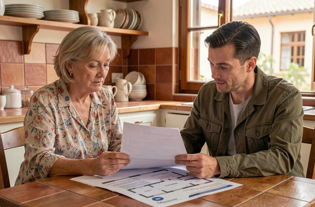 Vendeur et acheteur négociant un contrat immobilier entre particuliers dans une cuisine